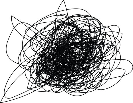 Abstract chaotic black ink scribbles and lines forming a dense tangled pattern on a white background
