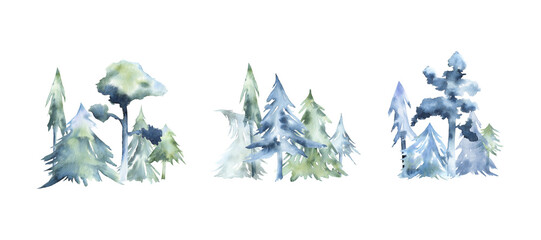 Set of watercolor winter trees isolated on transparent. Fir and pine green and blue trees compositions clip art