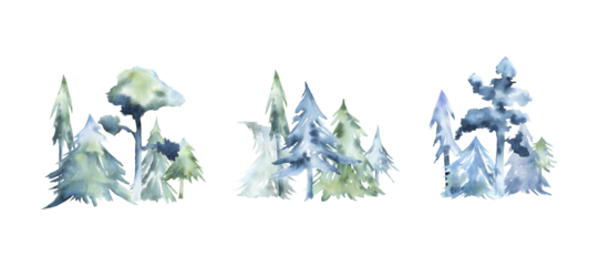 Set of watercolor winter trees isolated on transparent. Fir and pine green and blue trees compositions clip art