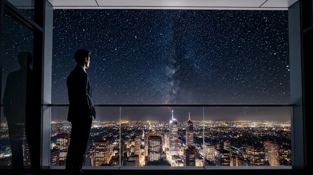A figure gazing at night sky above a cityscape, reflected in the glass