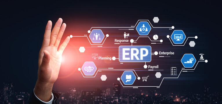 A hand gesture interacts with a digital interface showcasing icons related to enterprise resource planning, symbolizing innovation and efficiency in business solutions. Tessel - Powered by Adobe