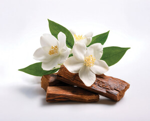 sandalwood and sandalwood powder, Jasmine flowers with green leaves isolated on a white background. isolated	