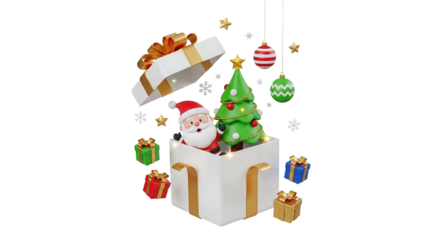 Santa claus and christmas tree popping out of a gift box with decorations