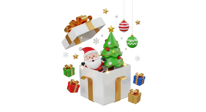 Santa claus and christmas tree popping out of a gift box with decorations