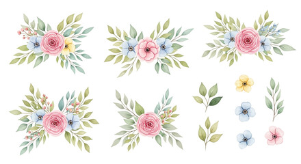Elegant watercolor floral arrangements with pink roses, blue and yellow flowers, and green leaves for invitations, greeting cards, and romantic designs
