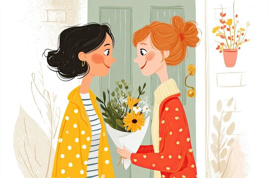 Two friends exchanging heartfelt congratulations at a door, one holding a bouquet of flowers, showcasing joy and friendship in a colorful and inviting atmosphere with copy space