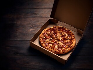 a pizza in a box on a dark wooden counter