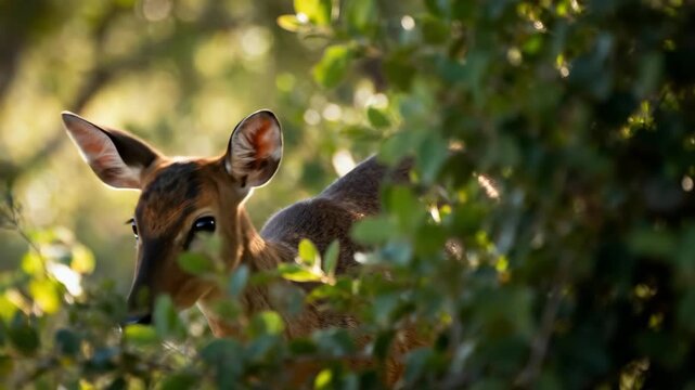 A shy bushbuck peeking out from behind dense foliage