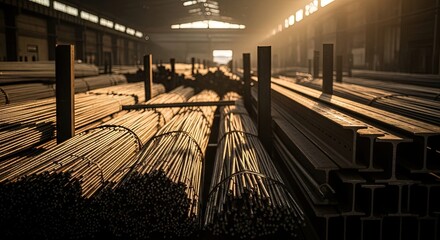 Interior view of a spacious industrial warehouse filled with organized stacks of metal reinforcing bars and steel profiles at sunrise
