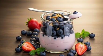 Healthy Berry Yogurt Delight with Fresh Blueberries Strawberries and Mint Leaves on Wooden Table Delicious Snack for Wellness