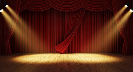 Red Stage Curtains Drawn Back Revealing Empty Theater Stage Bathed in Spotlights Ready for Performance or Presentation