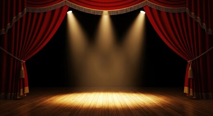 Stage Curtains Open to Bright Spotlights Illuminating Wooden Floor Theater Setting Ready for Performance Entertainment Event Background