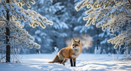 Sunlit Winter Forest Tranquility Red Fox Stands on Snow Covered Ground Steam Emanating From Breath Amidst Snowy Trees Cold Weather Wildlife Scene