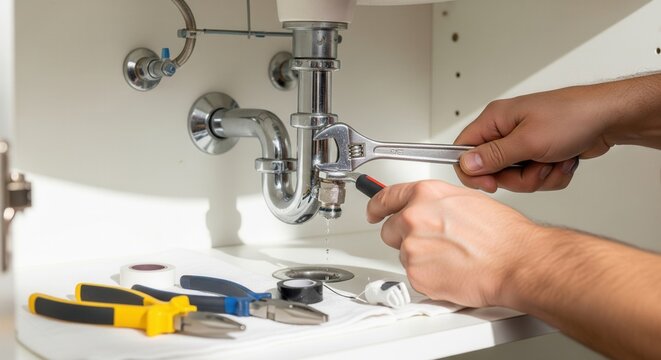 Close-up of a plumber's hands using a wrench to repair a leaking sink pipe. This image represents home maintenance, professional service, and problem-solving. Perfect for plumbing ads.