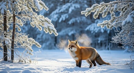 Winter Forest Tranquility Red Fox Stands on Snow Covered Ground Steam Emanating From Breath Amidst Snowy Trees Cold Weather Wildlife Scene