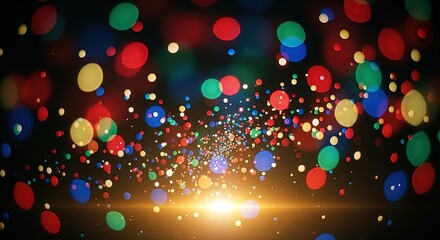 Abstract Festive Multicolored Blurred Bokeh Lights Dark Background Bright Central Glow Dynamic Motion Effect Shining Glitter Confetti Particles Vibrant Holiday Celebration
