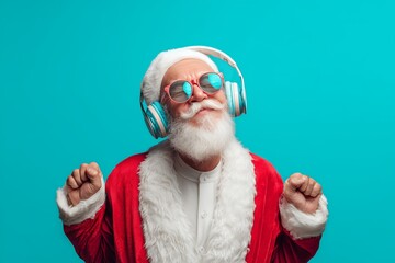 Santa Claus dancing with headphones and sunglasses on turquoise background