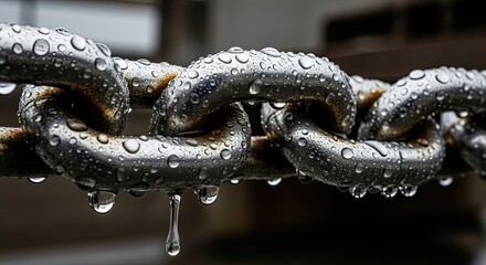 Close up of heavy duty metal chain links covered with water drops. Detail of strong steel chain with dripping water. Industrial strength background.