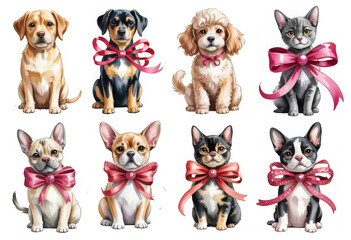 Fototapeta premium PNG Adorable puppies kittens with bows, element set on transparent background 