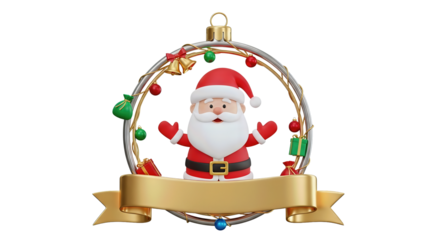 Cartoon santa claus in christmas ornament with gold banner