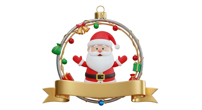Cartoon santa claus in christmas ornament with gold banner