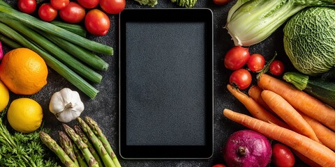 Fresh vegetables and fruits surrounding a digital tablet on a dark kitchen surface ready for recipe exploration