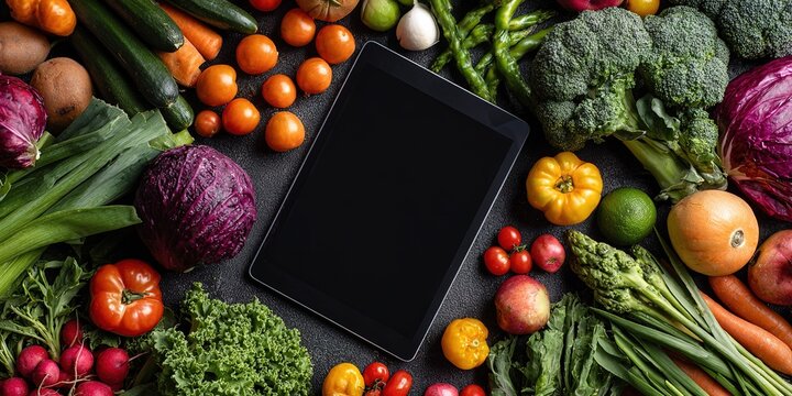 Fresh vegetables surround a tablet on a dark surface in a colorful display of healthy eating choices