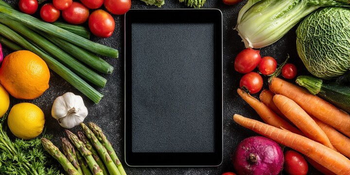 Fresh vegetables and fruits surrounding a digital tablet on a dark kitchen surface ready for recipe exploration