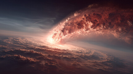 Cosmic catastrophe impacting earth outer space digital art celestial environment aerial view destruction concept