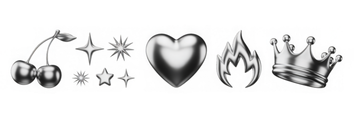 3d set of liquid chrome y2k shape render icon. Silver metal crown, cherry, heart, flame and stars in retro futuristic aesthetic style. Abstract design elements of aluminum or platinum
