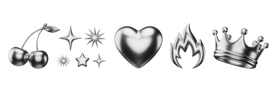 3d set of liquid chrome y2k shape render icon. Silver metal crown, cherry, heart, flame and stars in retro futuristic aesthetic style. Abstract design elements of aluminum or platinum
 - Powered by Adobe
