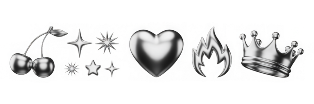 3d set of liquid chrome y2k shape render icon. Silver metal crown, cherry, heart, flame and stars in retro futuristic aesthetic style. Abstract design elements of aluminum or platinum
