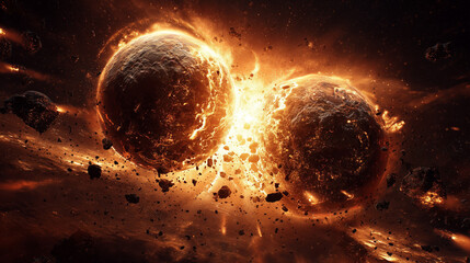 Cosmic collision of planets outer space digital art stellar environment dramatic perspective explosive imagery