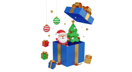 Santa claus and christmas tree popping out of a blue gift box