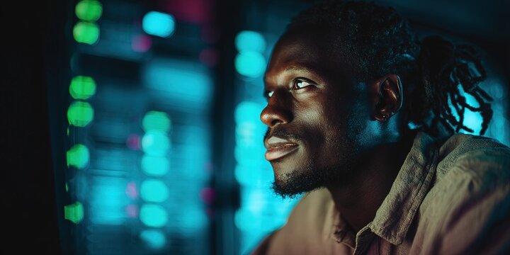 Focused professional analyzing data in a high-tech environment during nighttime - Powered by Adobe