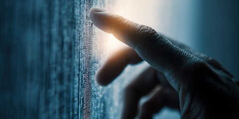 Fingers gently touch a glowing digital screen creating a sense of connection to technology and innovation in a modern environment