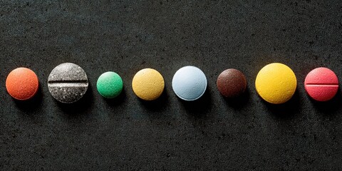 Different types of pills and tablets arranged in a row on a dark surface for display and study purposes