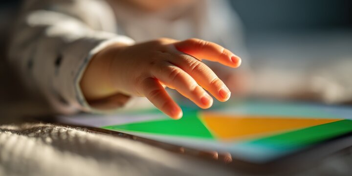 Curious toddler reaches out to touch colorful shapes on a tablet screen during playtime on a sunny afternoon