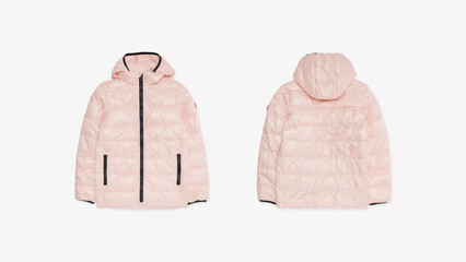 Light pink puffer jacket with hood showing front and back designs, perfect for winter wear in cold weather conditions.