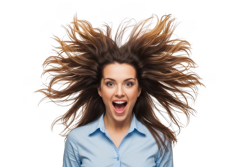 Woman with wildly static electricity hair expressing shock and surprise with mouth wide open against a black background