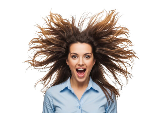 Woman with wildly static electricity hair expressing shock and surprise with mouth wide open against a black background