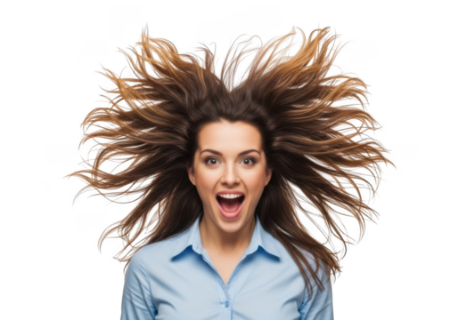 Woman with wildly static electricity hair expressing shock and surprise with mouth wide open against a black background
