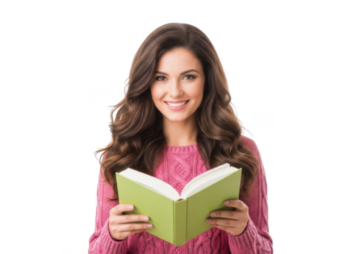 Smiling young woman with long brown hair wearing a pink sweater holds open an open green book against a black background - Powered by Adobe