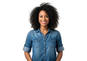 A young black woman with voluminous curly hair smiles confidently wearing a classic denim shirt against a stark black background