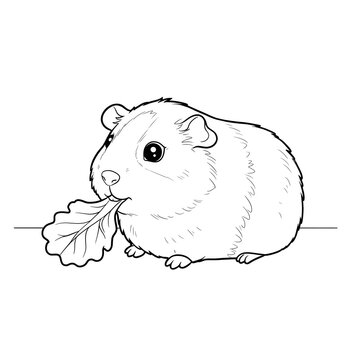 A Cute Line Drawing of a Guinea Pig Nibbling on a Leaf