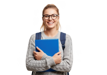 Smiling young woman with glasses and backpack holding a blue folder ready for education and learning