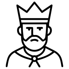 Minimalist line icon of a medieval king in a crown and cloak, front-facing bust with beard and stern expression, drawn in a clean black outline—ideal for games, heraldry, and branding.