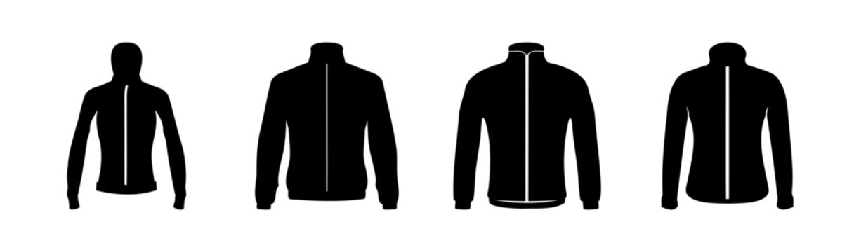 Sportswear jacket apparel silhouette icons set with zipper
