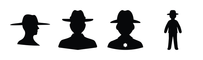 Silhouettes of men wearing hats, including a sheriff with a badge