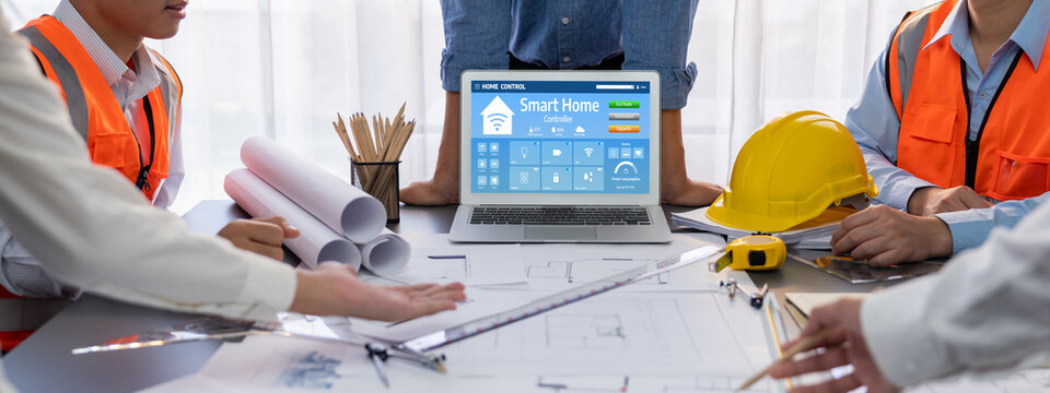 Smart home technology, centric remote control system with digital dashboard for air conditioning, safety security network or house automation. App software, ui panel programming IOT monitor brisk